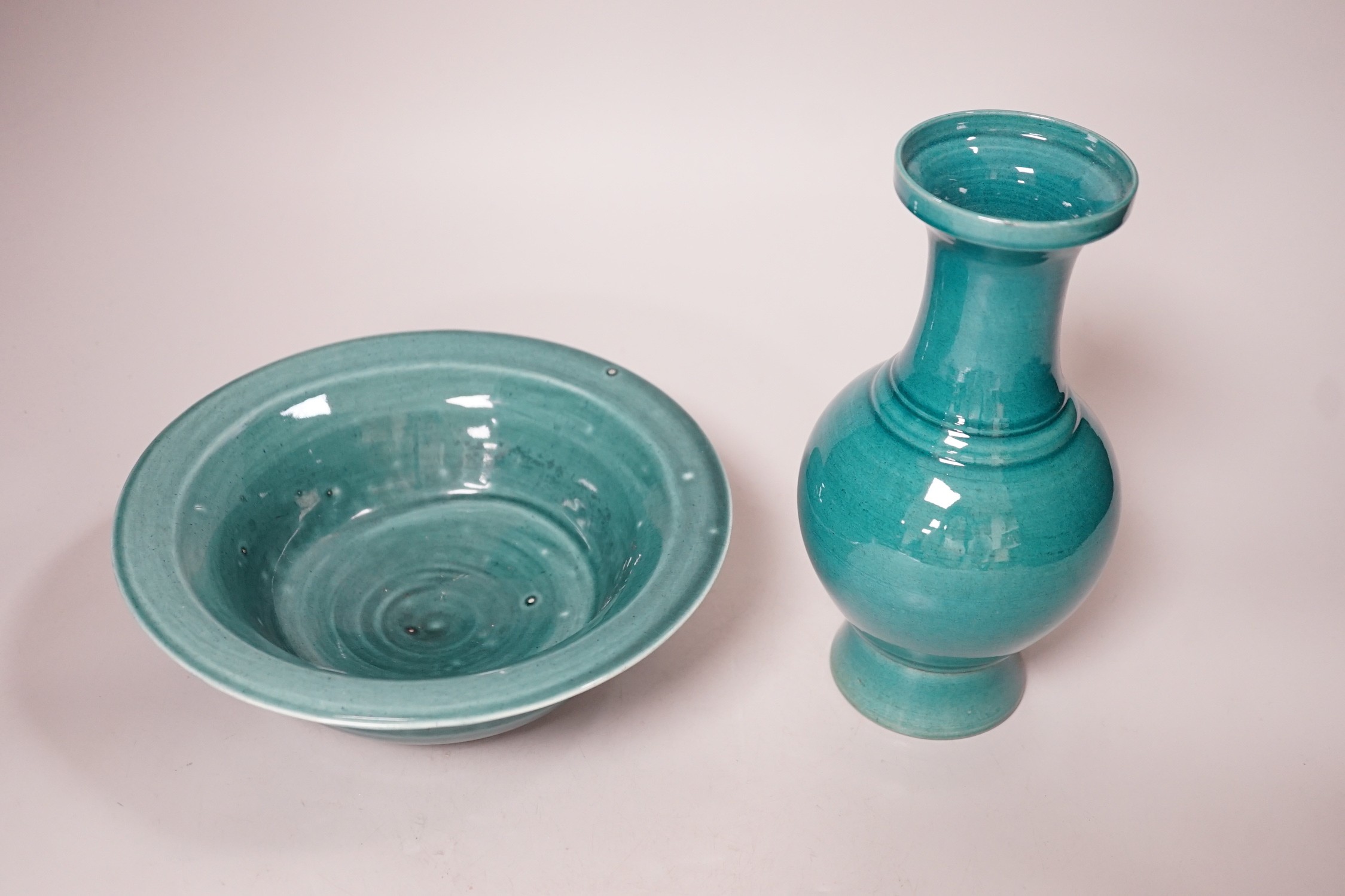 A Chinese turquoise-glazed vase and bowl. Tallest 20.5cm